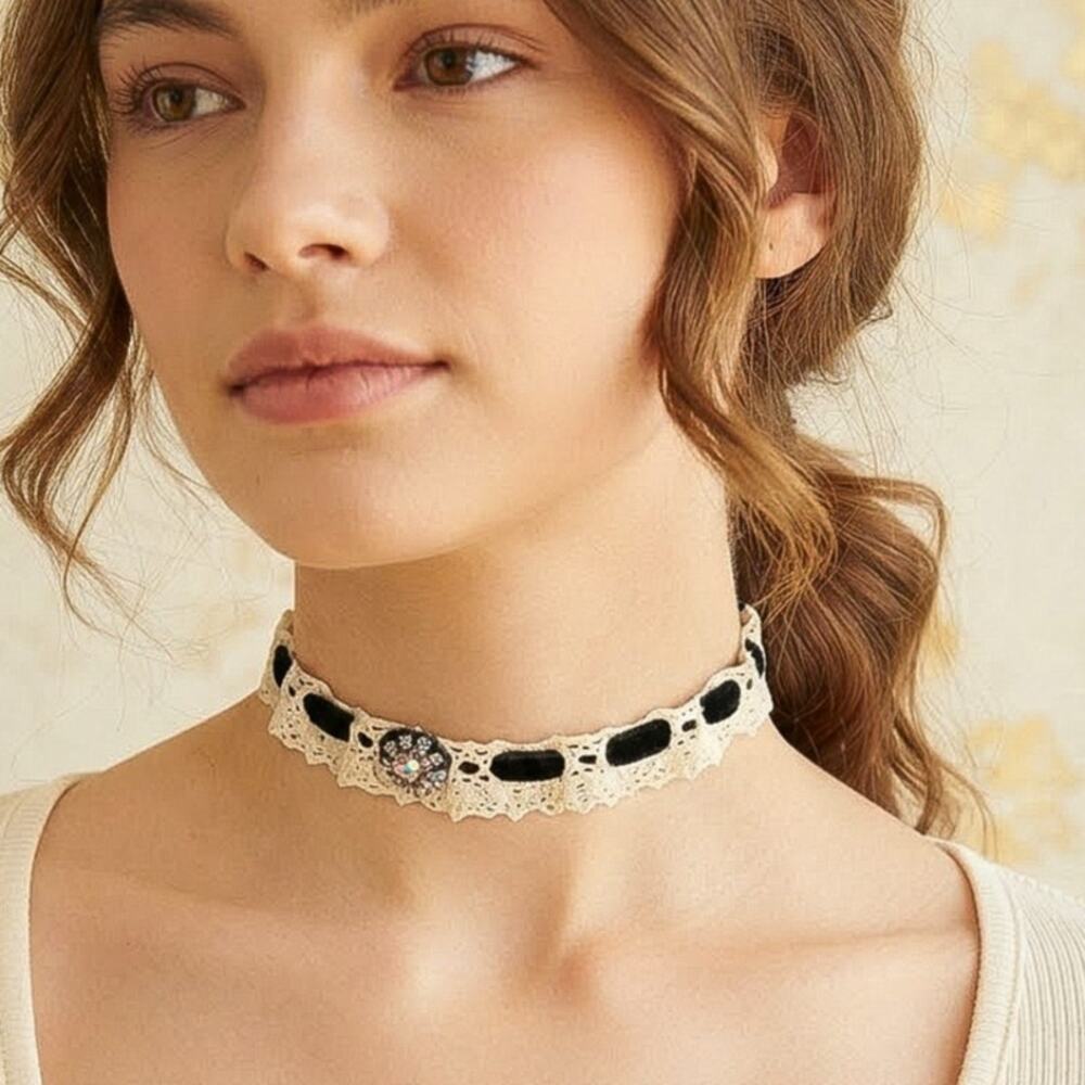 Handmade Victorian Garter Style Choker with Rhinestone Centerpiece